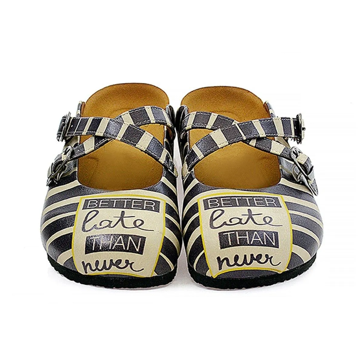 Black and Beige, Stripes, Black Better Late Than Never Written Patterned Clogs - CAL111