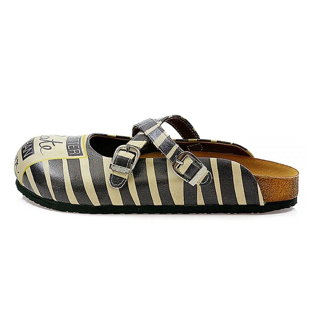 Black and Beige, Stripes, Black Better Late Than Never Written Patterned Clogs - CAL111