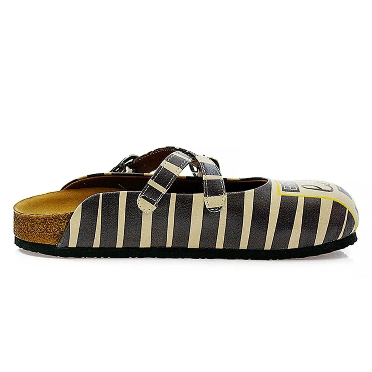Black and Beige, Stripes, Black Better Late Than Never Written Patterned Clogs - CAL111