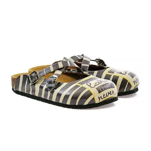 Black and Beige, Stripes, Black Better Late Than Never Written Patterned Clogs - CAL111