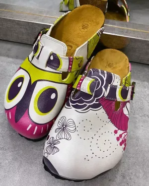 Black and White Flowers Patterned, Yellow, Purple Colored Owl Patterned Clogs - WCAL351