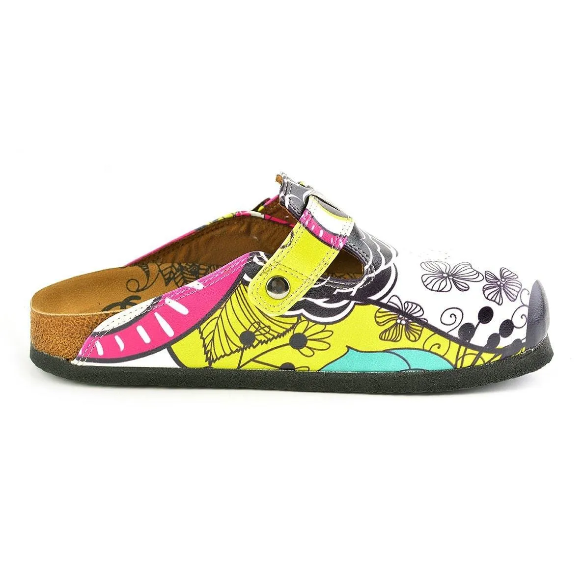 Black and White Flowers Patterned, Yellow, Purple Colored Owl Patterned Clogs - WCAL351