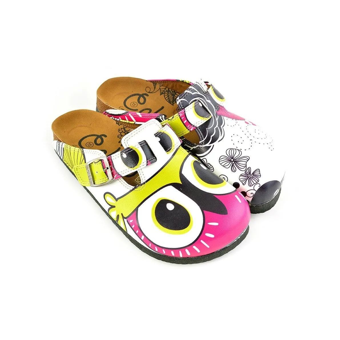 Black and White Flowers Patterned, Yellow, Purple Colored Owl Patterned Clogs - WCAL351