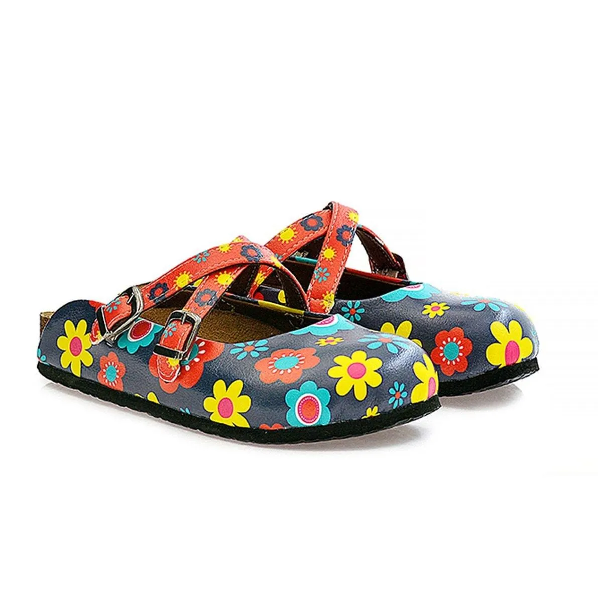 Blue and Colorful Flowers Patterned Clogs - WCAL129