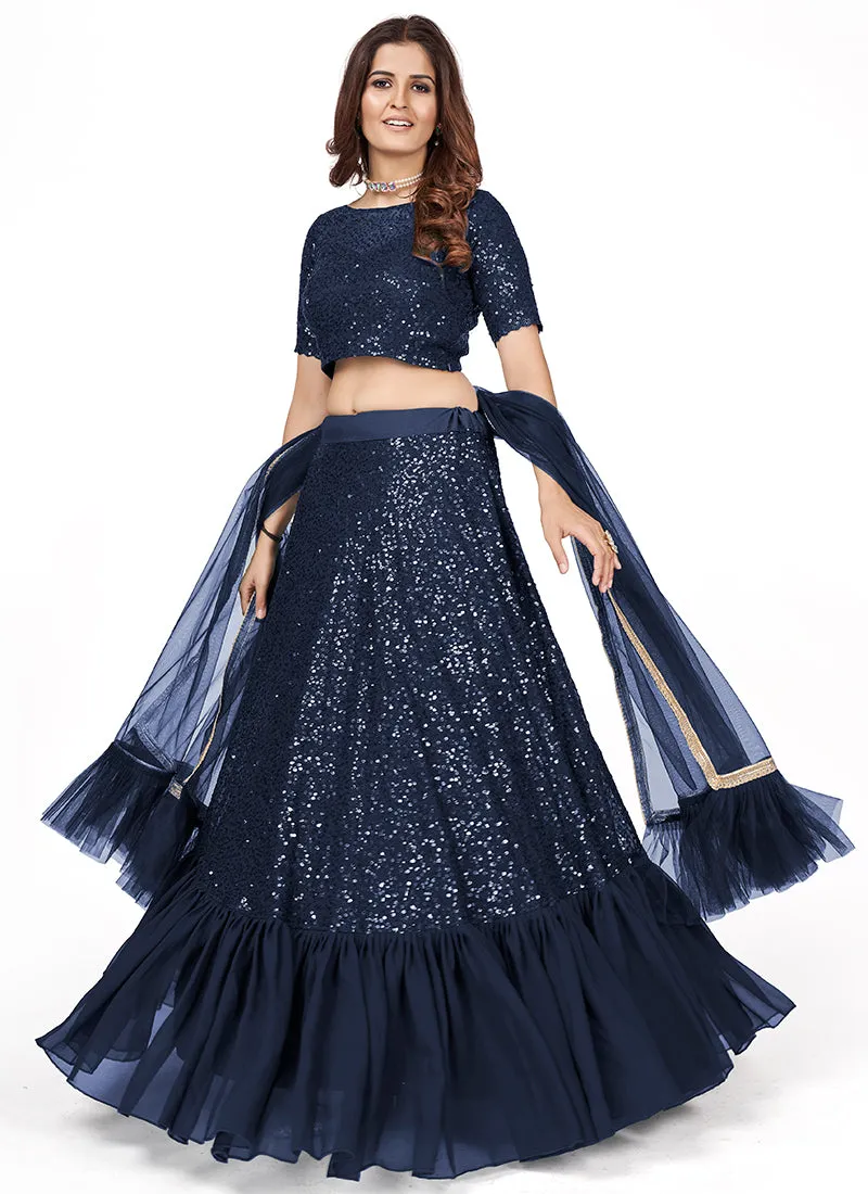 Blue Sequence Embroidery Wedding Lehenga Choli