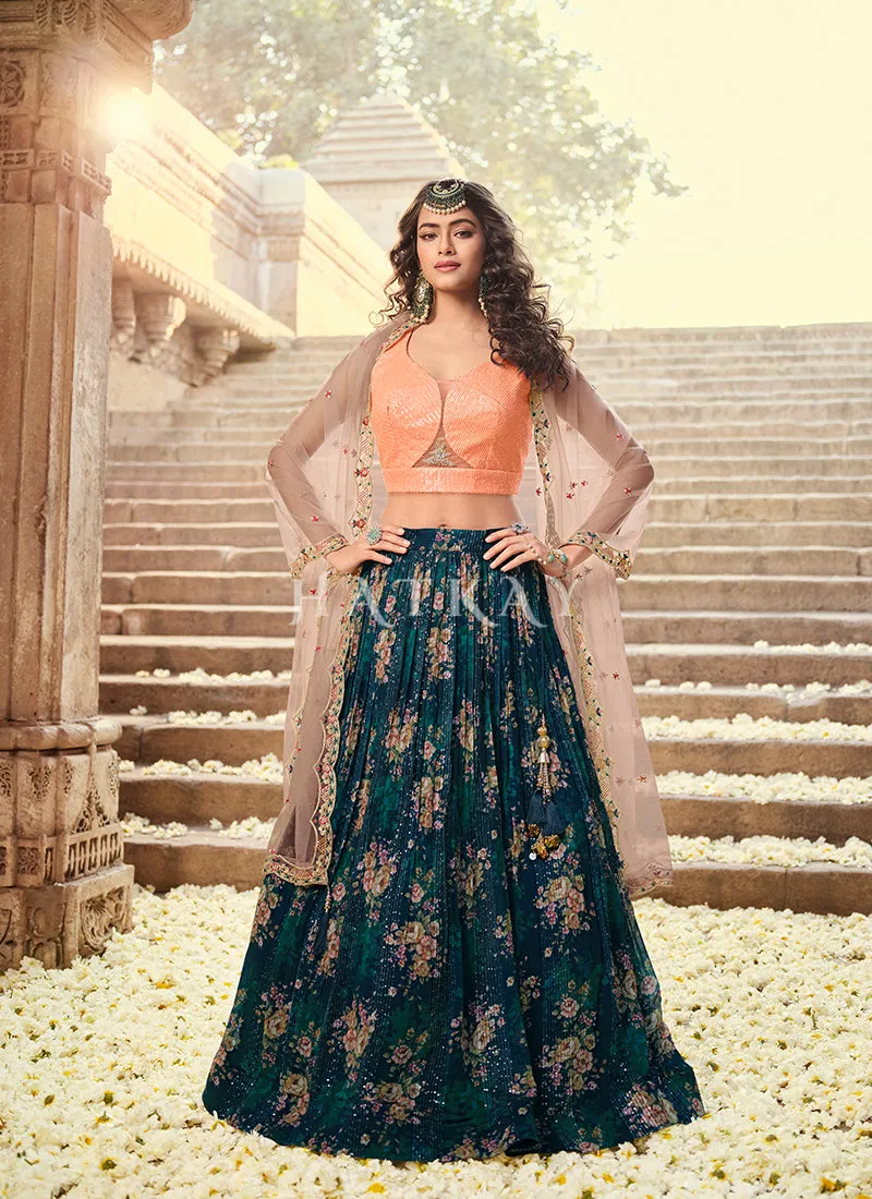 Bottle Green Floral Sequence Embroidered Lehenga Choli