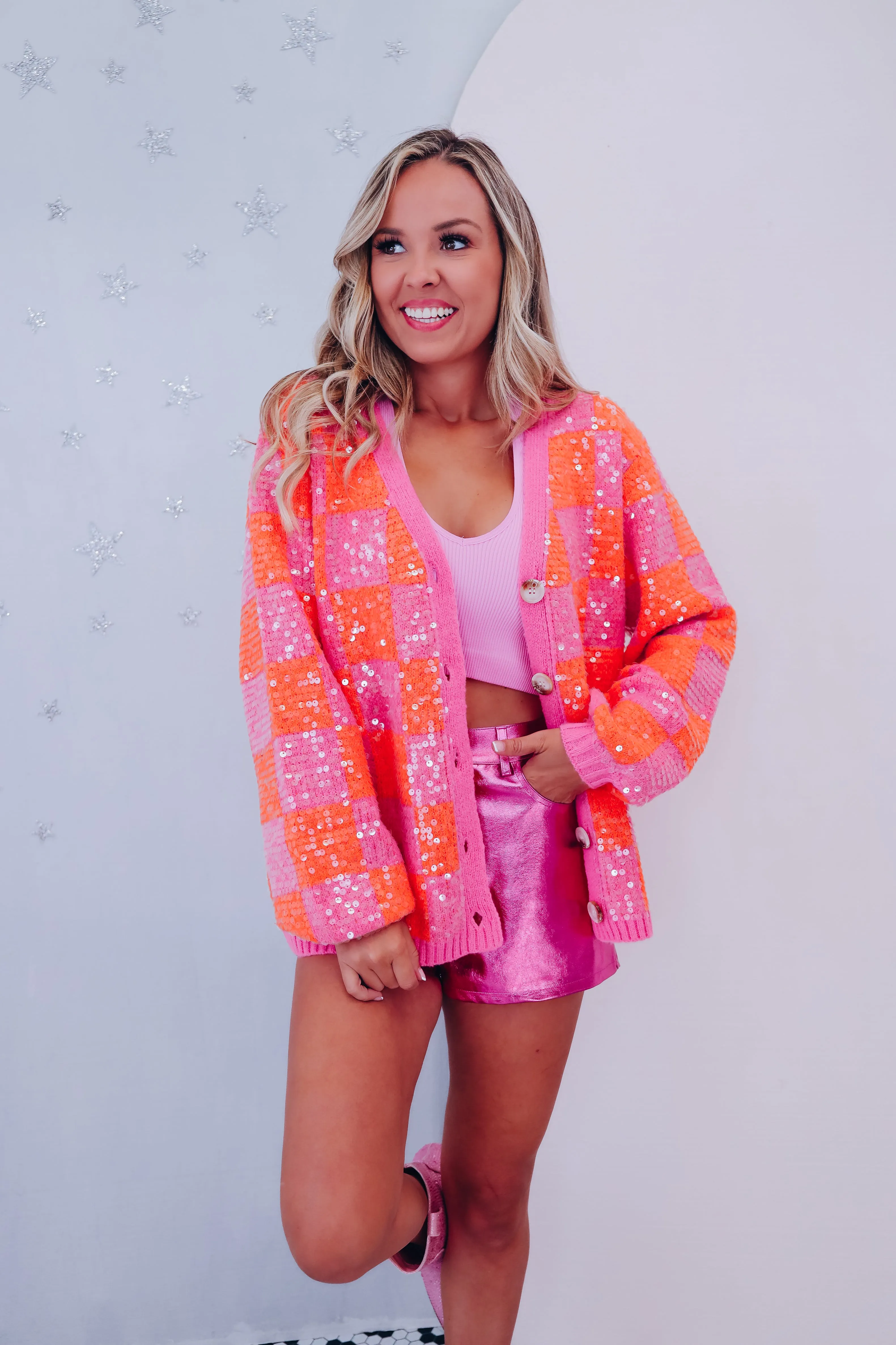 Cheery Checkered N Sequin Cardigan - Orange/Pink