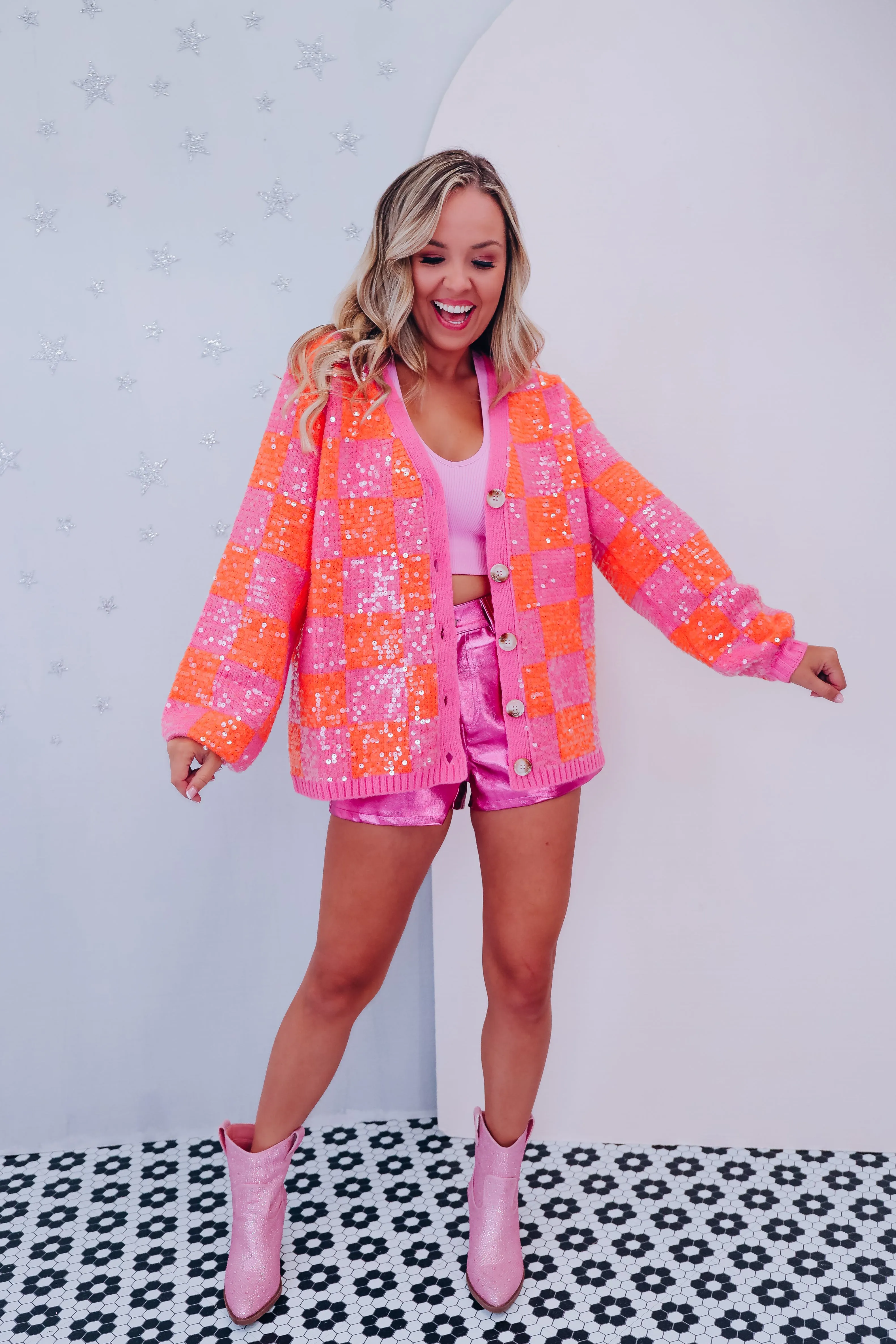 Cheery Checkered N Sequin Cardigan - Orange/Pink
