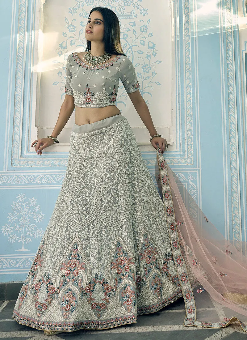 Grey And Pink Multi Embroidered Designer Lehenga Choli