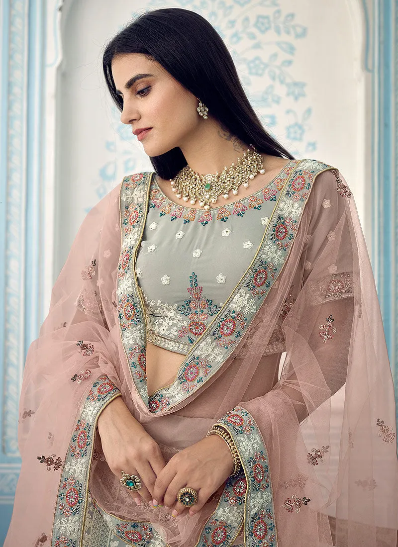 Grey And Pink Multi Embroidered Designer Lehenga Choli
