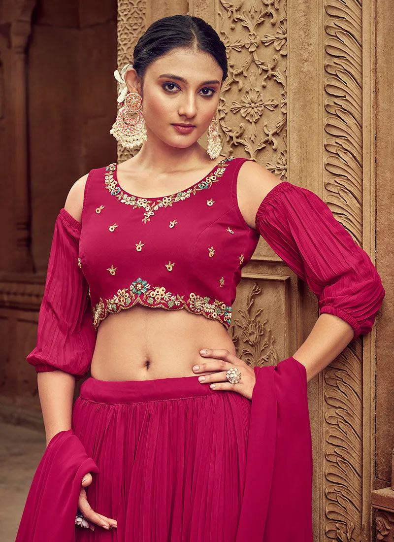 Hot Pink Handwork Embroidery Wedding Lehenga Choli And Dupatta