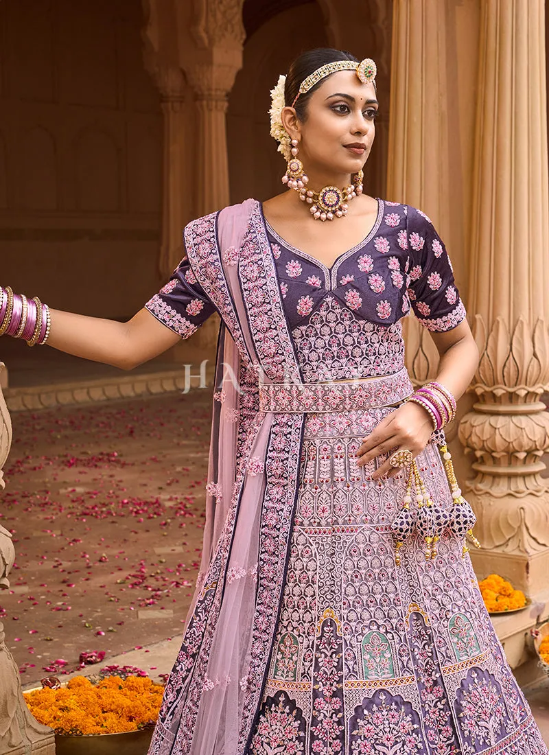 Lavender Purple Multi Velvet Designer Bridal Lehenga Choli