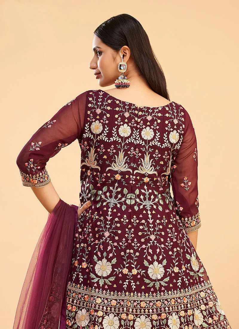 Maroon Multi Kutchi Embroidered Pant Style Suit