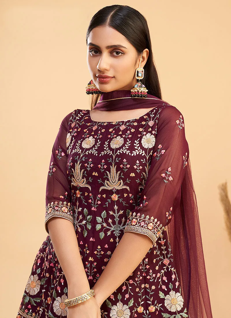 Maroon Multi Kutchi Embroidered Pant Style Suit