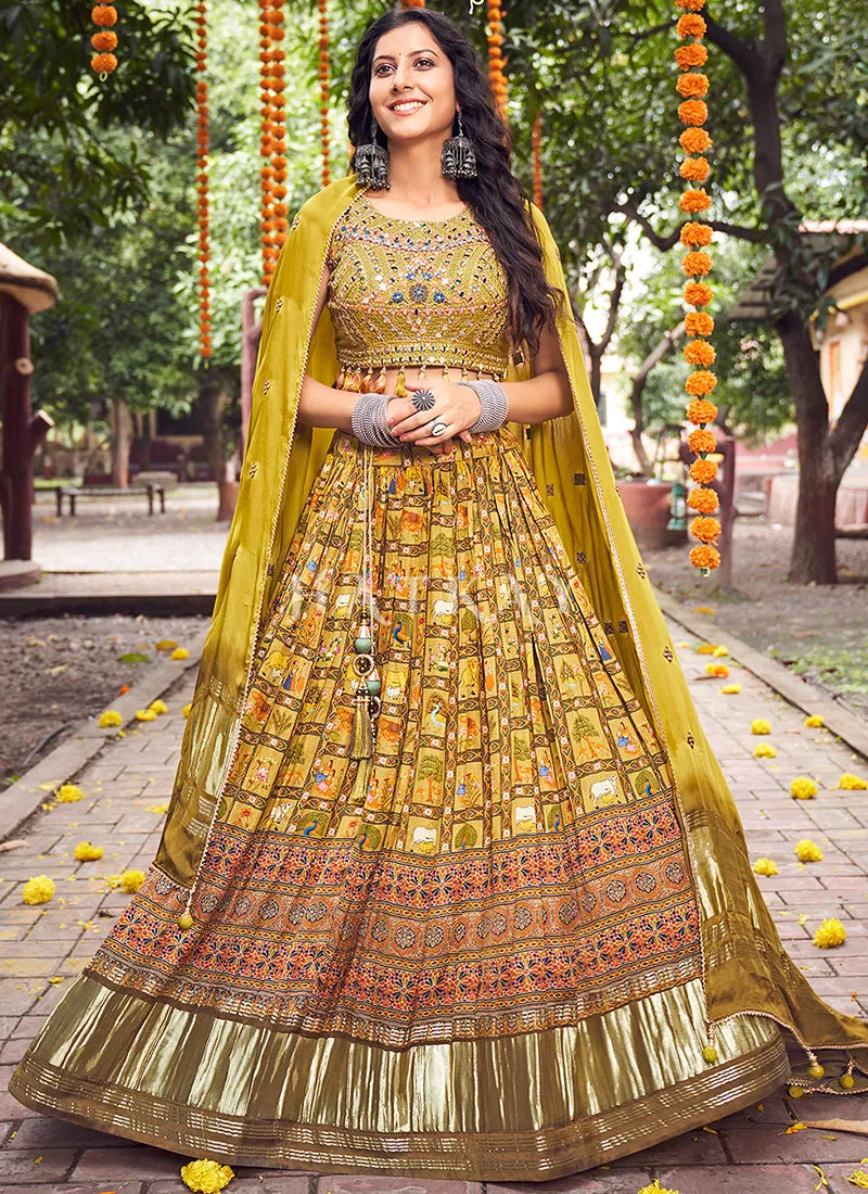 Ochre Yellow Multi Mirror Work Embroidery Satin Lehenga Choli