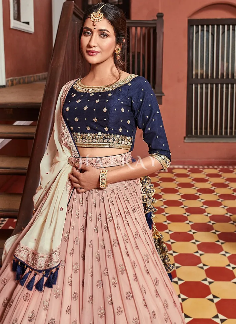 Peach And Blue Embroidered Georgette Lehenga Choli
