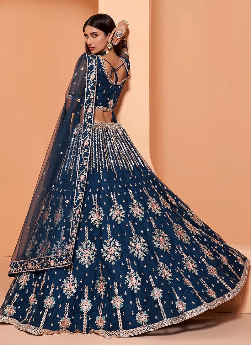 Persian Blue Motif Embroidered Wedding Lehenga Choli