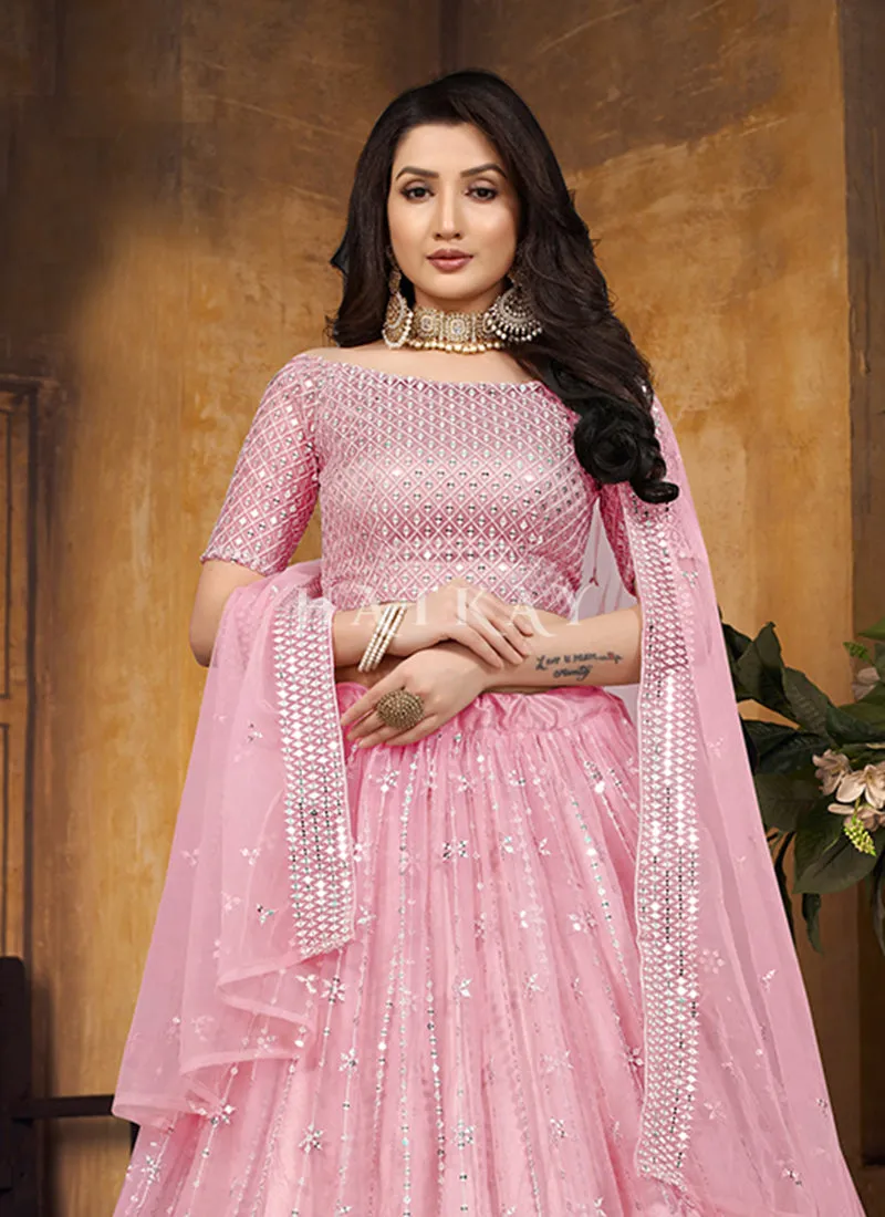 Pink Mirror Work Net Lehenga Choli