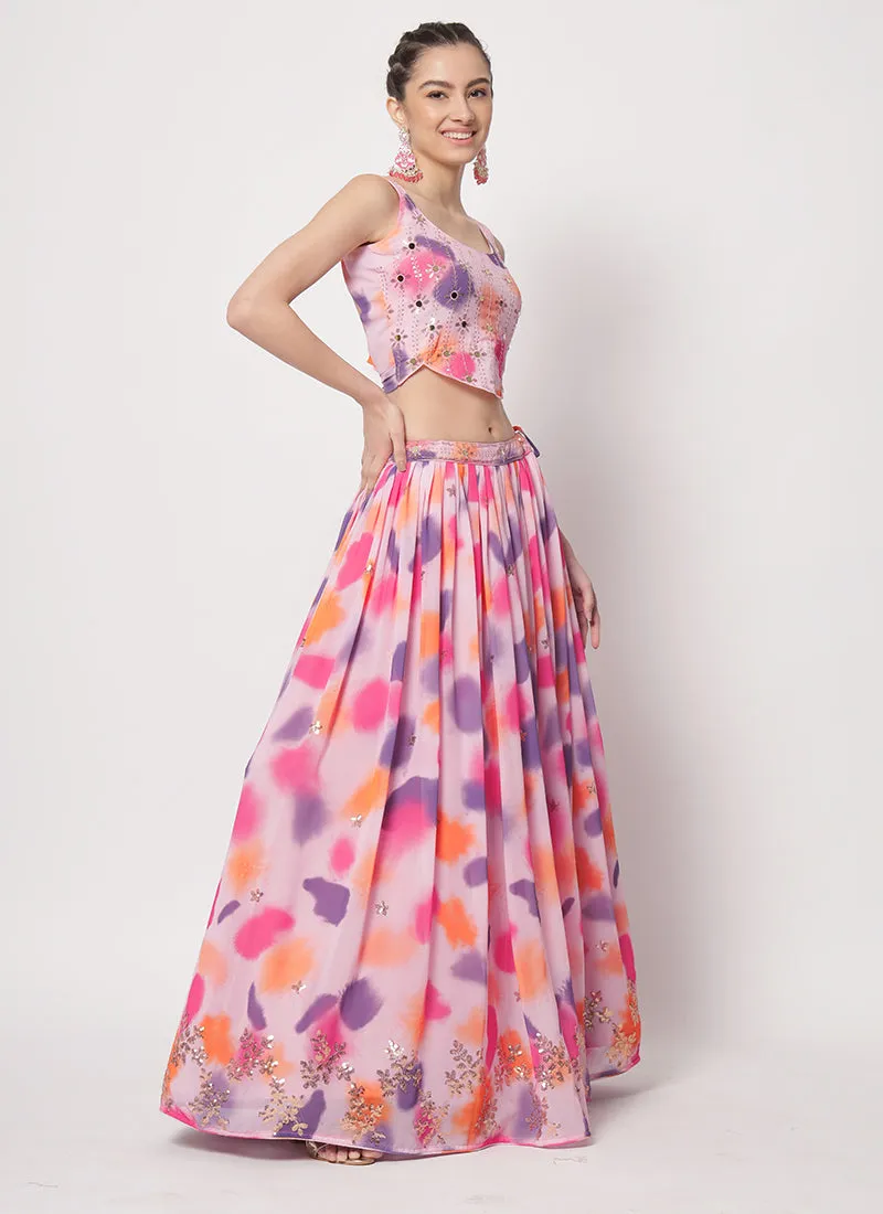 Pinkish Purple Sequence Embroidery Digital Printed Lehenga Choli
