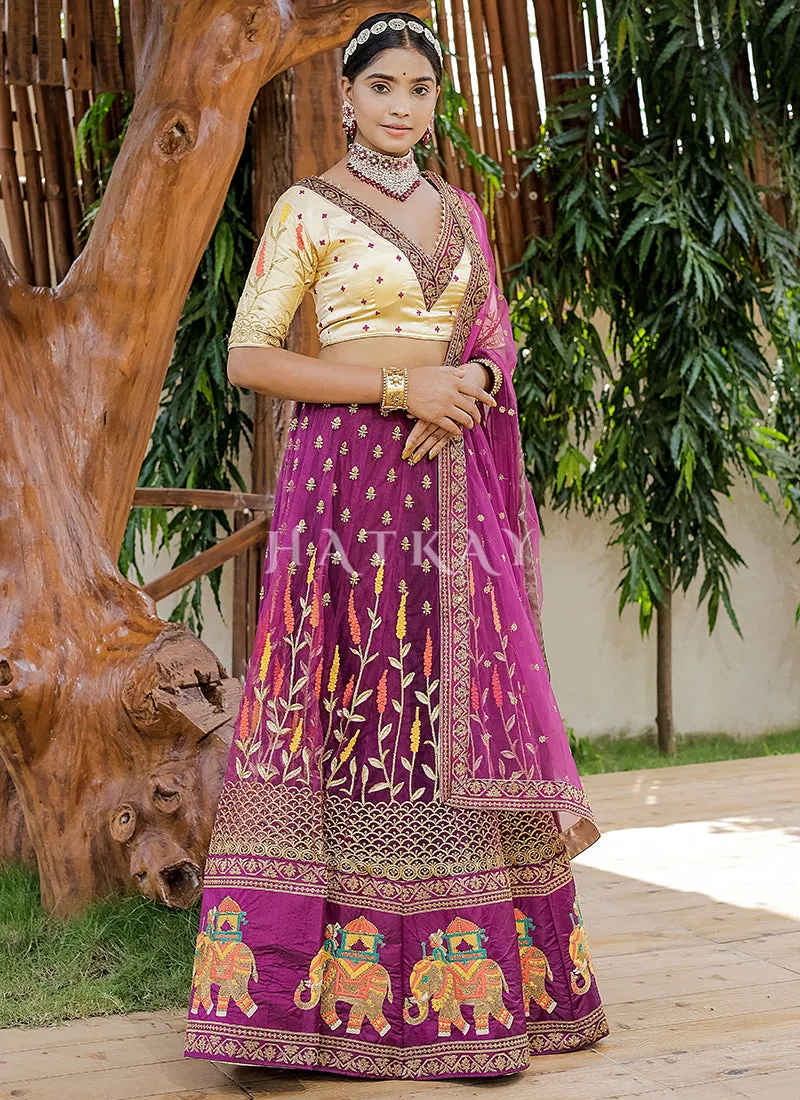 Purple And Cream Multi Embroidery Silk Lehenga Choli