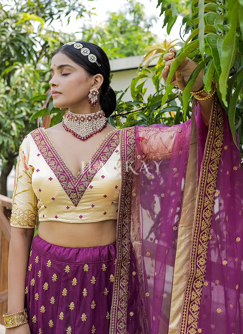 Purple And Cream Multi Embroidery Silk Lehenga Choli