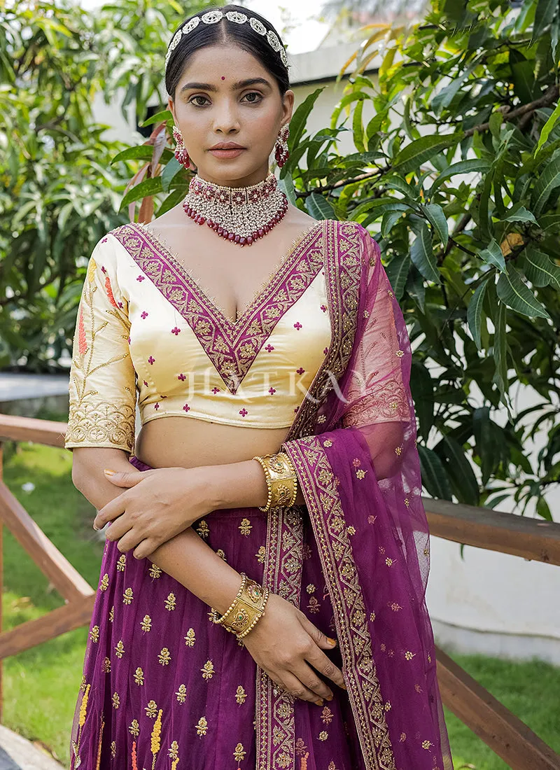 Purple And Cream Multi Embroidery Silk Lehenga Choli