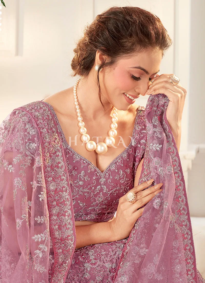 Purple Embroidered Wedding Style Net Lehenga Choli