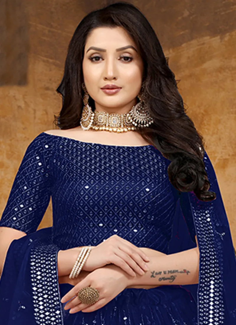 Royal Blue Mirror Work Net Lehenga Choli