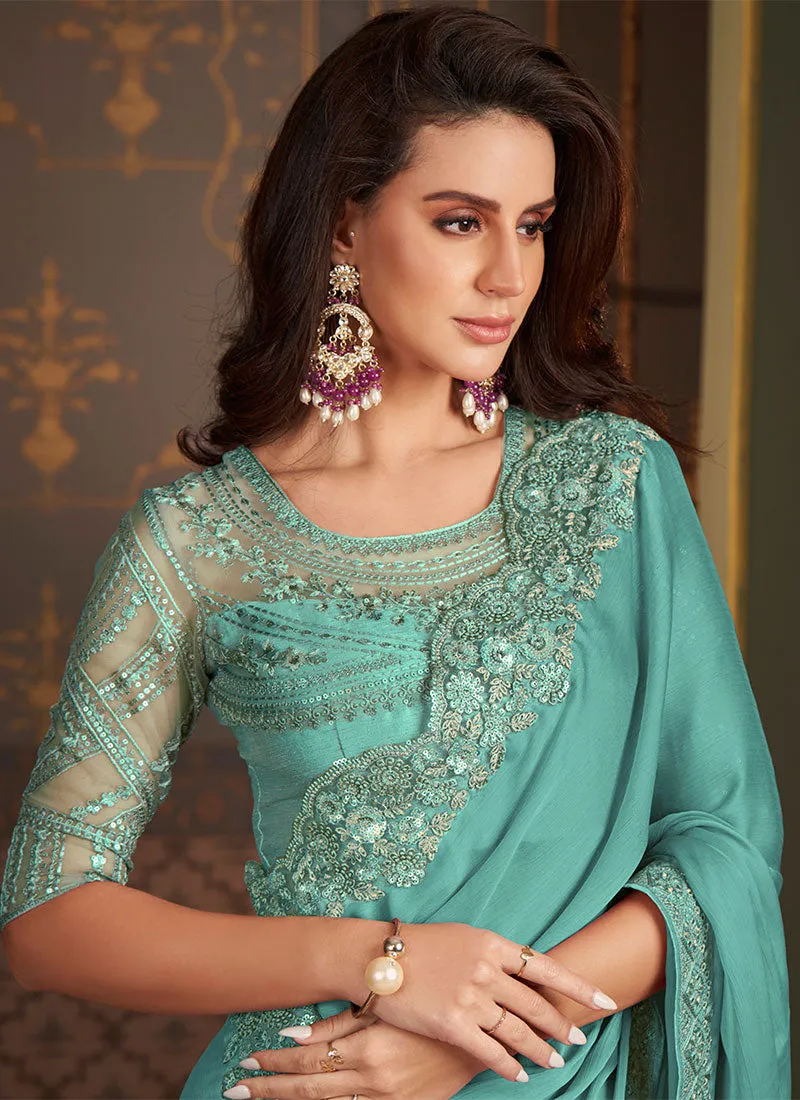 Sea Green Sequence Embroidery Designer Silk Saree