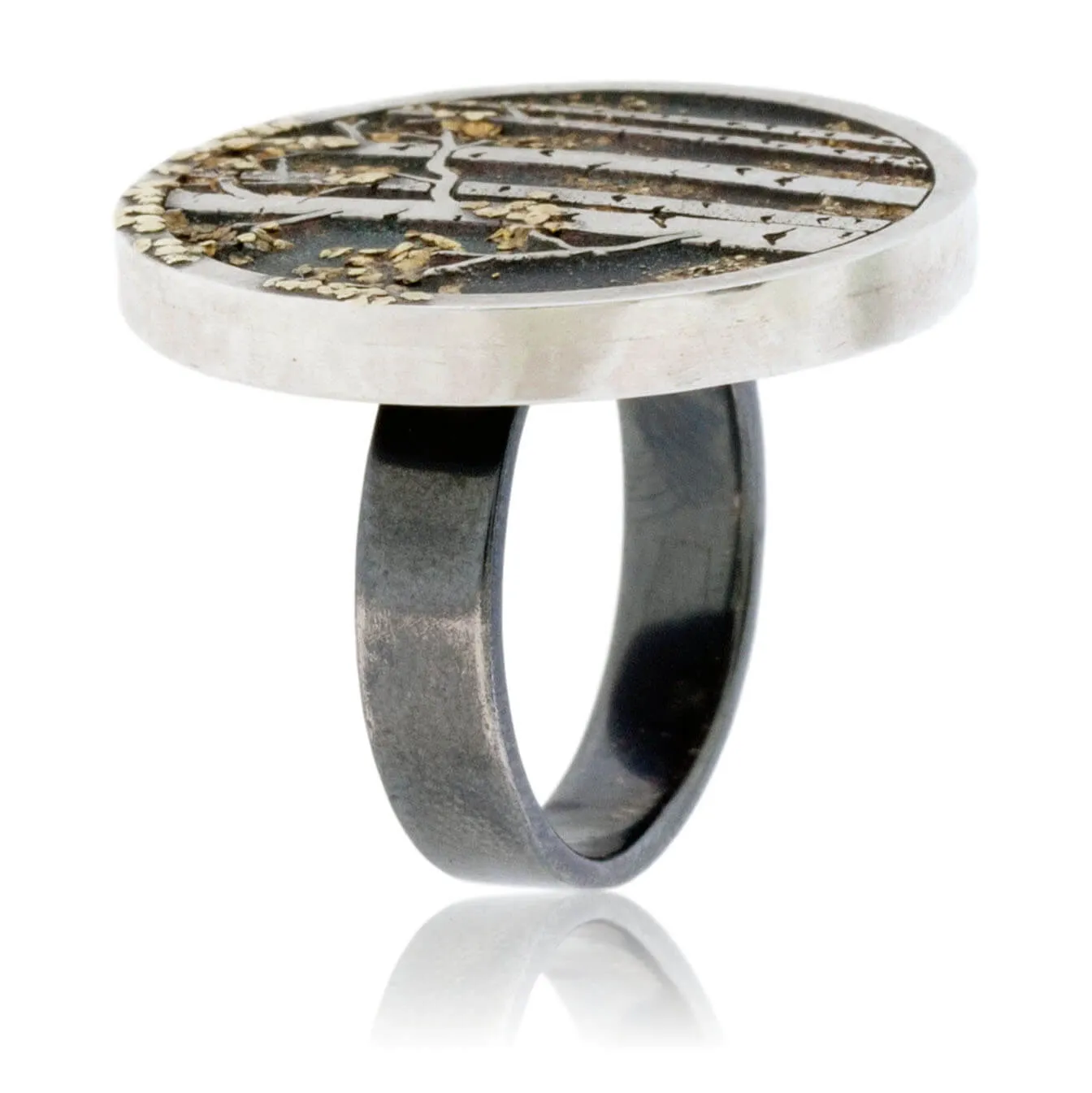 Sterling Silver & Gold Nugget Aspen Tree in Frame Ring