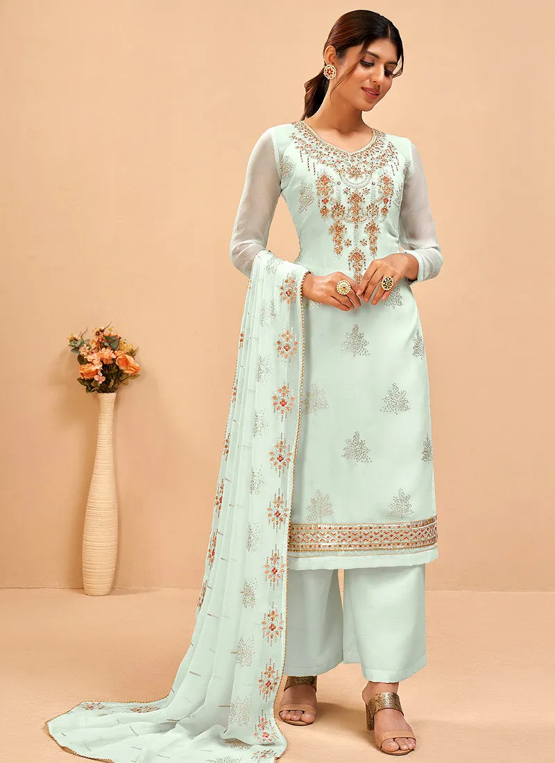 Teal Blue Embroidered Pakistani Pant Suits