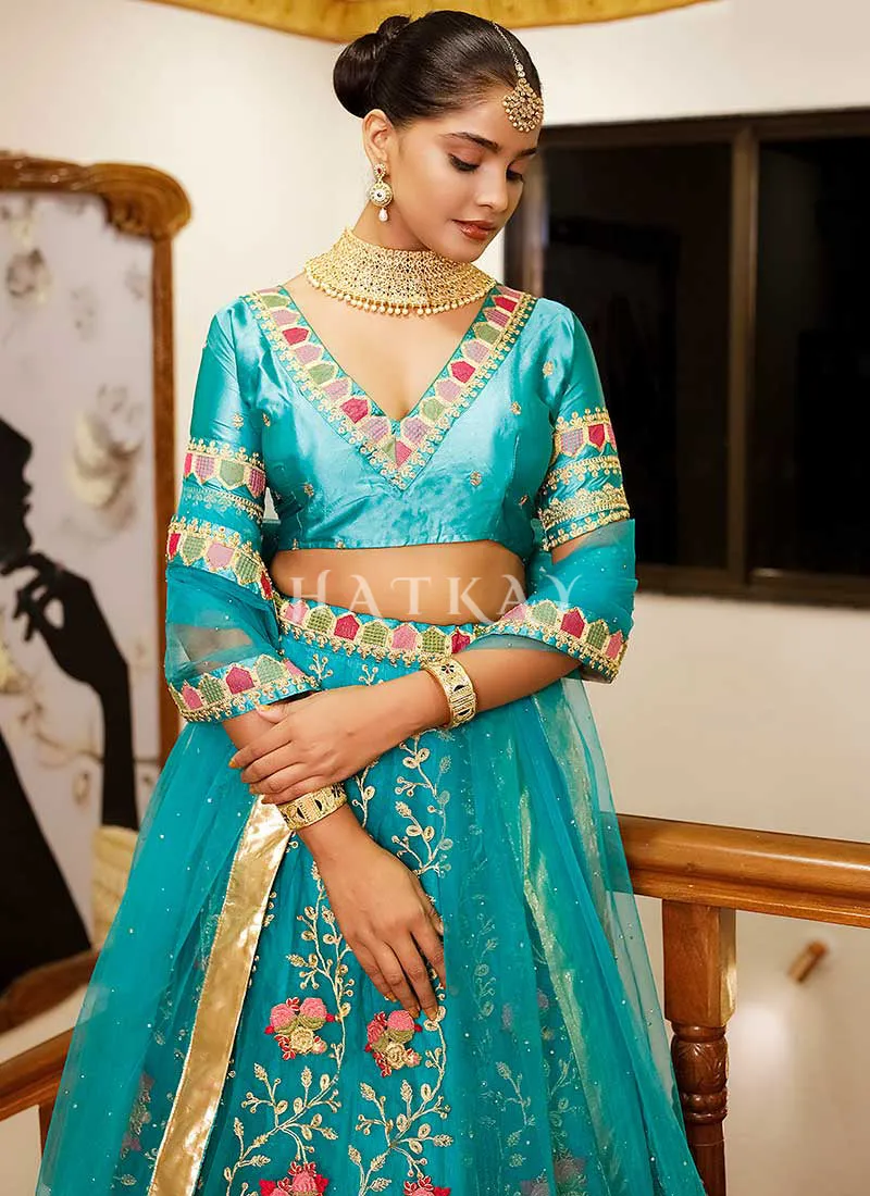 Teal Blue Multi Embroidery Wedding Lehenga Choli