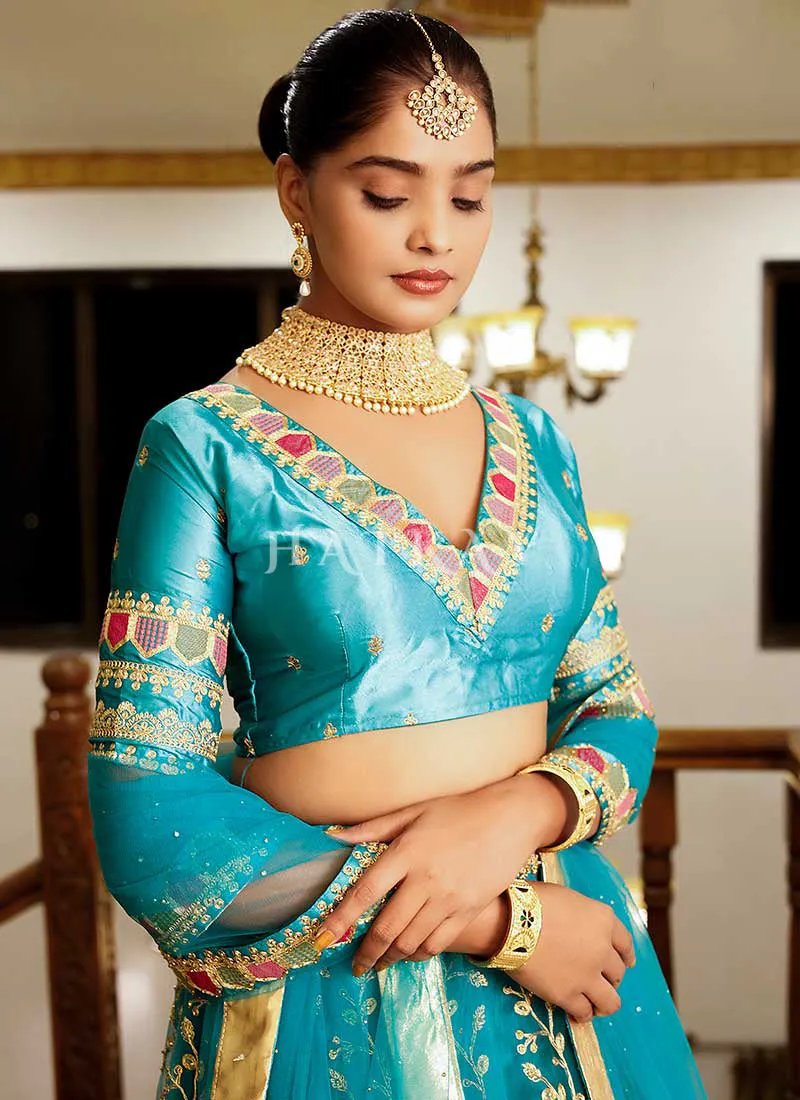 Teal Blue Multi Embroidery Wedding Lehenga Choli