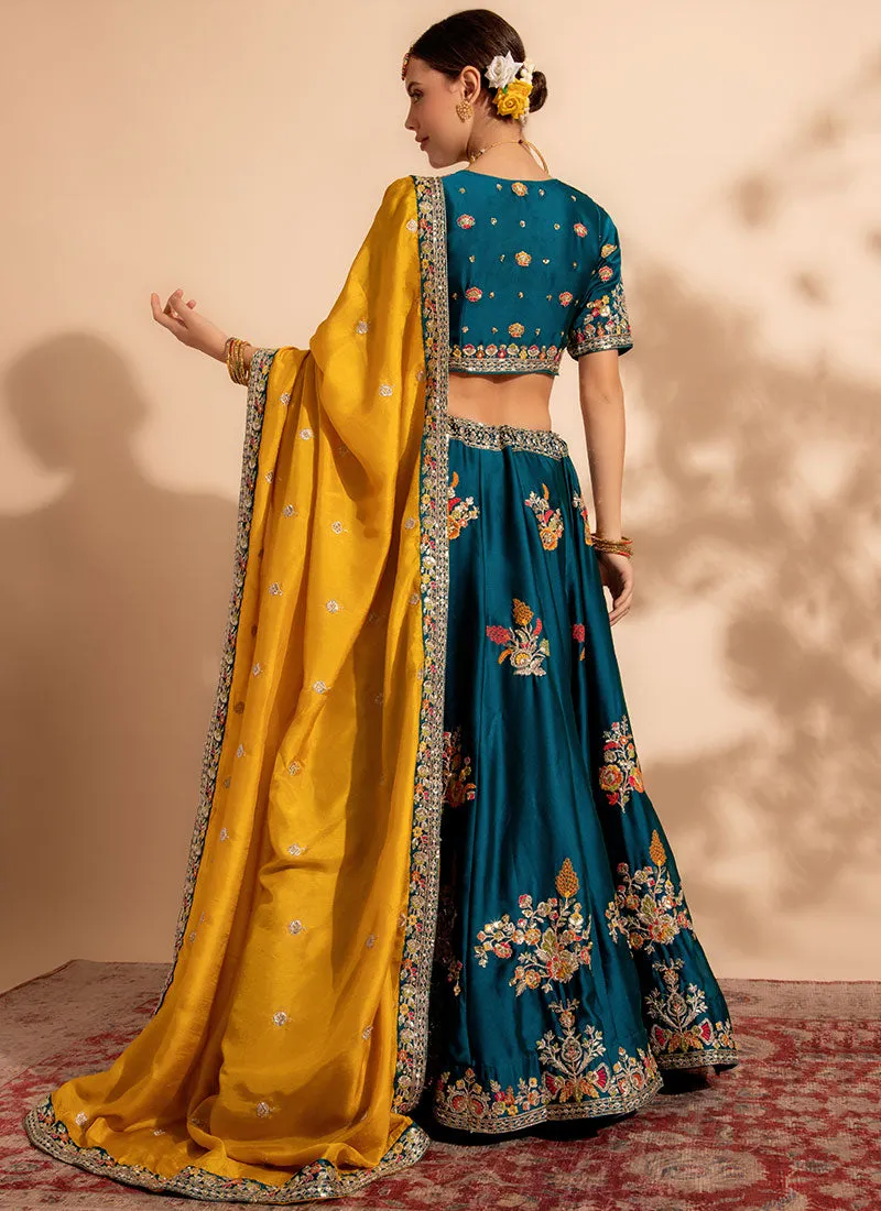 Turquoise And Yellow Multi Embroidery Designer Lehenga Choli