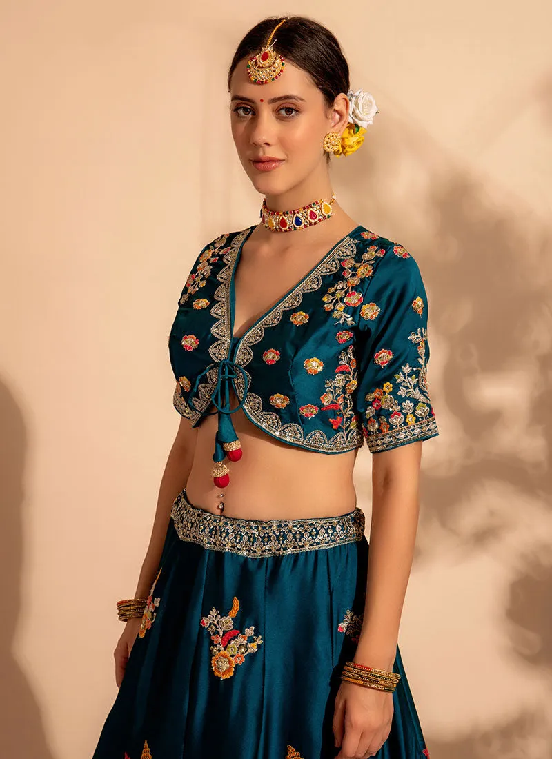 Turquoise And Yellow Multi Embroidery Designer Lehenga Choli