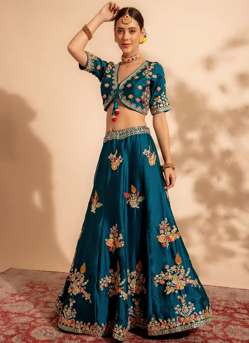 Turquoise And Yellow Multi Embroidery Designer Lehenga Choli