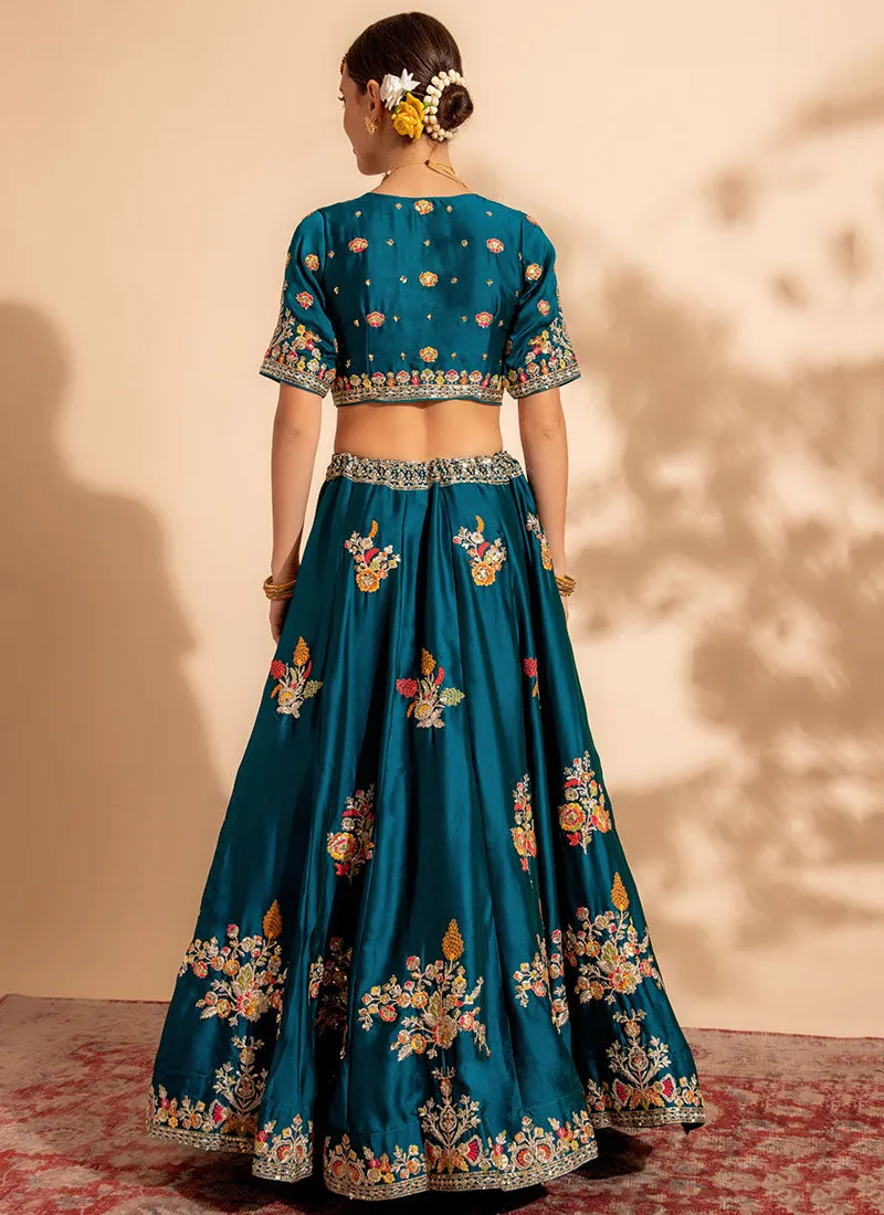 Turquoise And Yellow Multi Embroidery Designer Lehenga Choli