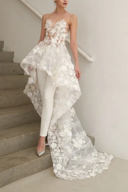Two Piece Illusion Round Neck High-Low Wedding Jumpsuit/Dress with Appliques OHD055