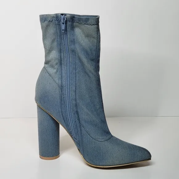 VIVA shin high faux denim jean chambray heels women's booties size 39