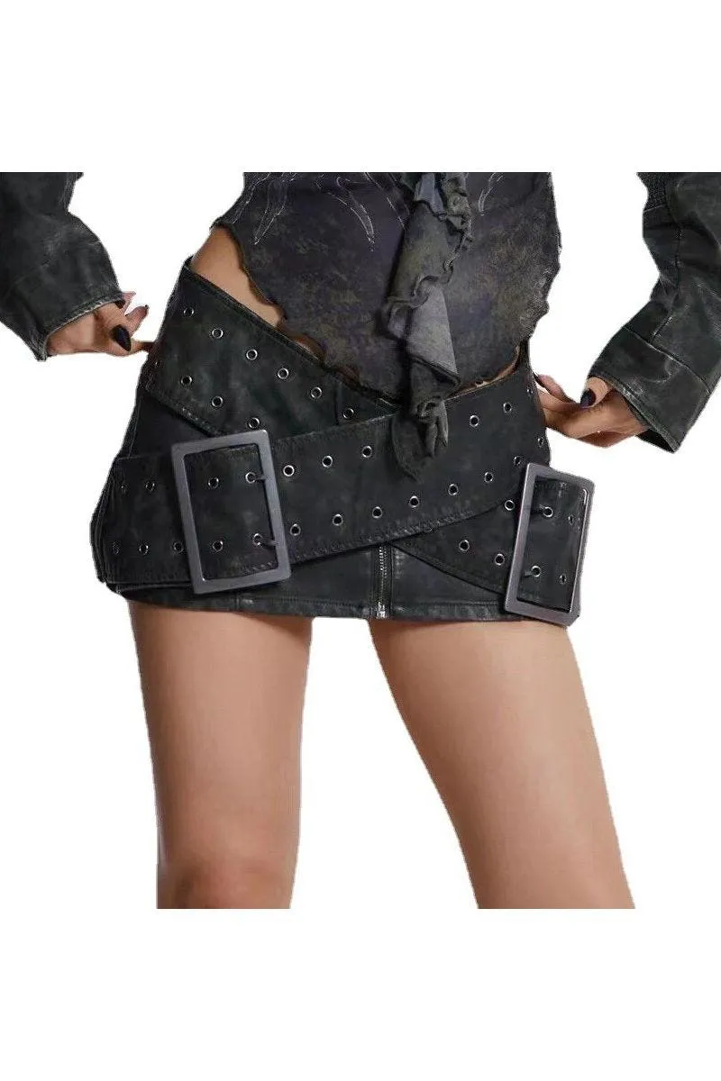 Washed old PU leather double-breasted skirt