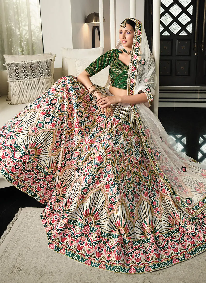 White And Green Embroidery Festive Lehenga Choli