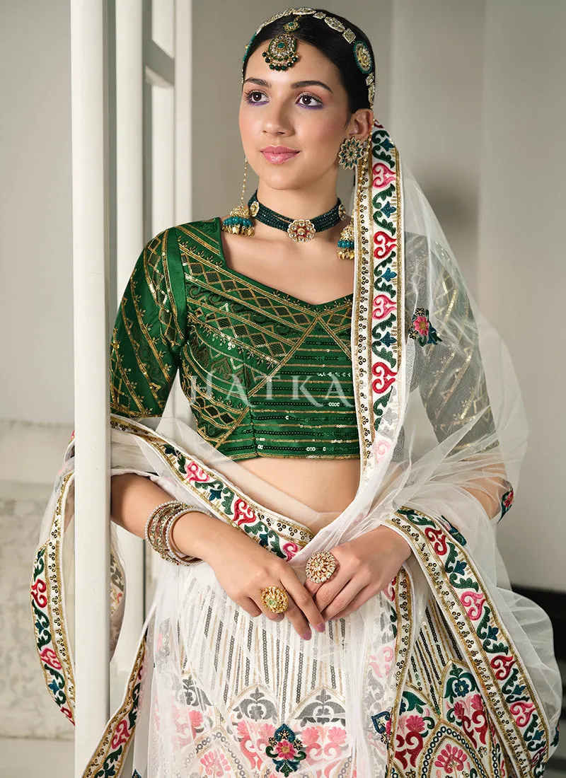 White And Green Embroidery Festive Lehenga Choli