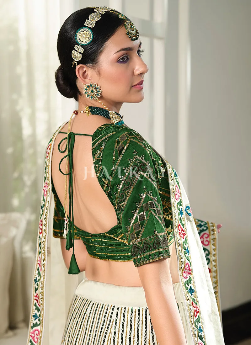 White And Green Embroidery Festive Lehenga Choli