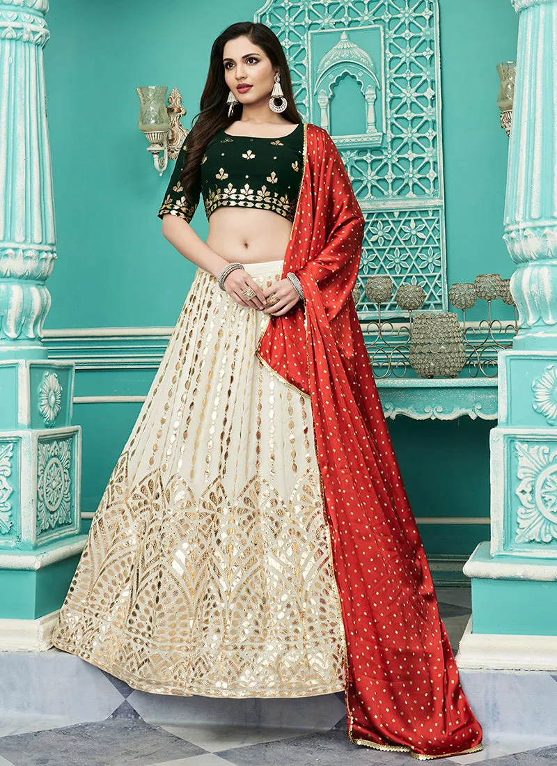 White And Green Gota Patti Embroidery Festive Lehenga Choli