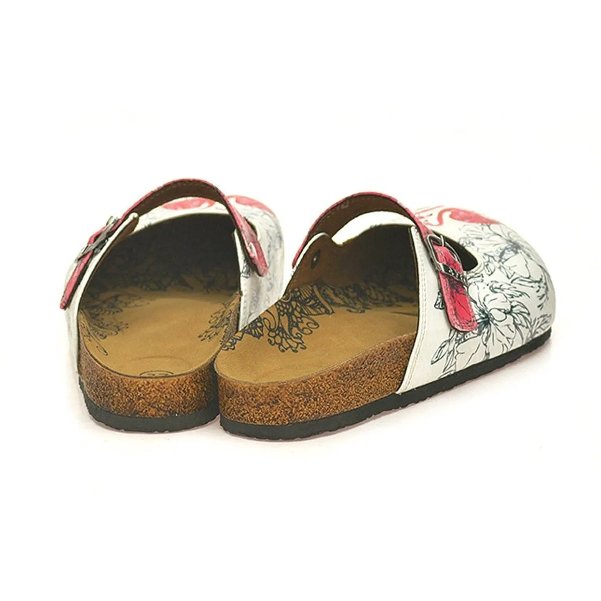 White and Pink Colored Flowered, Butterflied and Red Flamingo Patterned Clogs - CAL806