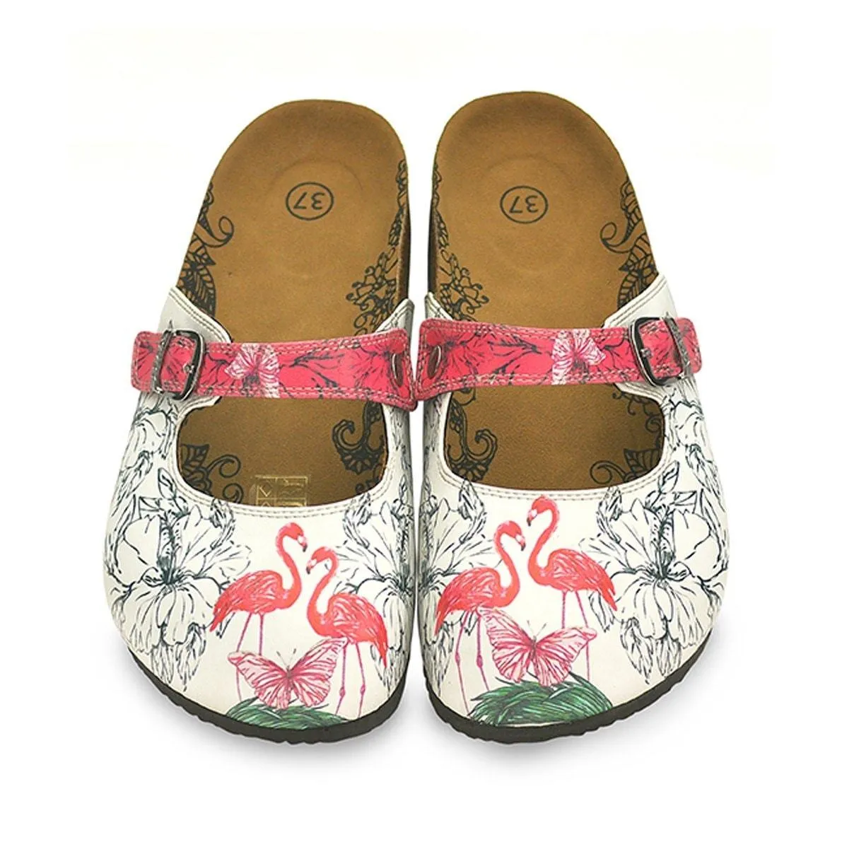 White and Pink Colored Flowered, Butterflied and Red Flamingo Patterned Clogs - CAL806