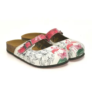 White and Pink Colored Flowered, Butterflied and Red Flamingo Patterned Clogs - CAL806
