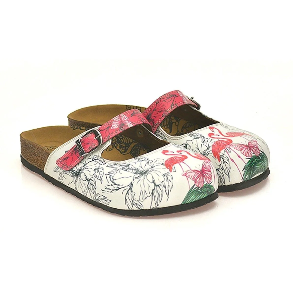 White and Pink Colored Flowered, Butterflied and Red Flamingo Patterned Clogs - CAL806