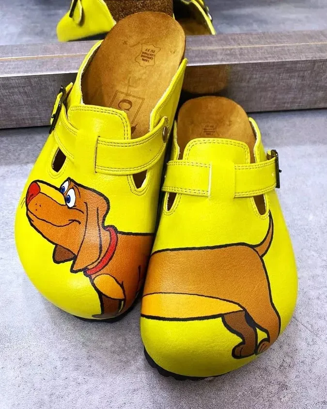 Yellow Colored and Brown Dachshund Dog Patterned Clogs - WCAL346