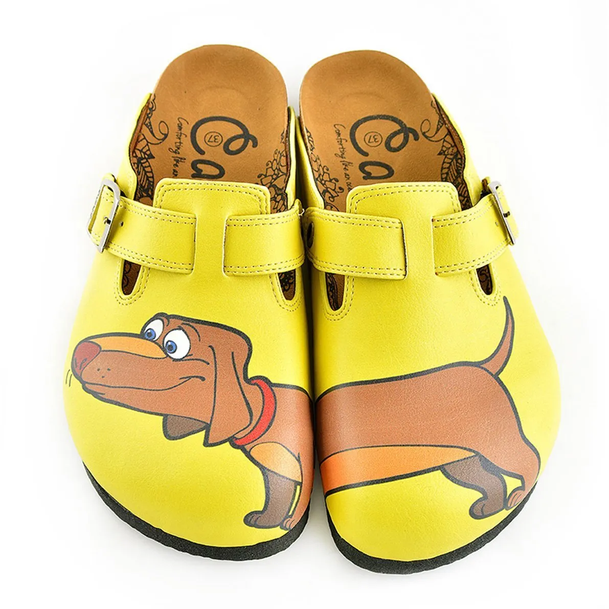 Yellow Colored and Brown Dachshund Dog Patterned Clogs - WCAL346